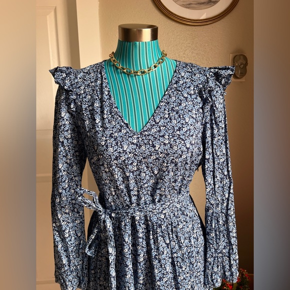 Jcrew Blue Floral V-Neck Long Sleeve Wrap Dress - Picture 2 of 9